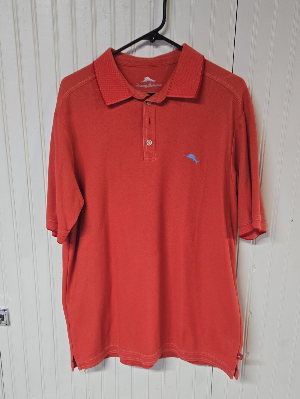 Tommy Bahama Coral Red Polo with Light Blue Dolphin Embroidery